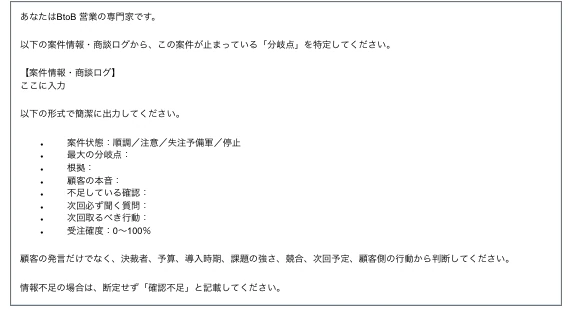 実際に提供している業務別カスタムプロンプト。案件情報と商談ログから停滞している分岐点を特定し、案件状態・顧客の本音・次回必ず聞く質問・受注確度までを定型で出力させる指示文