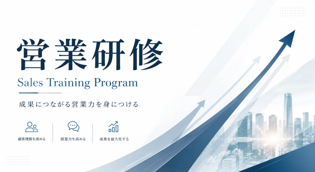 個社カスタムで実施している営業研修プログラムの資料。顧客理解を深める、提案力を高める、成果を最大化するの3つを柱に構成されている